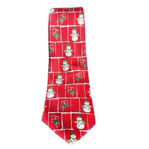 Joseph Feiss Mens 100% Red Silk Tie Christmas Holiday Snowmen CandyCanes Festive